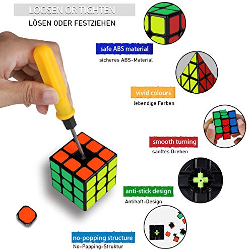 Coolzon 9 Pack Magic Cube Set 2x2 3x3 4x4 Pyramid Pyraminx Megaminx Skew Mirror Magic Ball Cube Keychain, Smooth Sticker 3D Magic Puzzle Cube Bundle for Kids & Adults