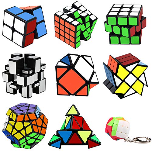 9 Pack Speed Cube Set Pyraminx Pyramid + 2x2 + 3x3 + 4x4 + Megaminx + Mirror + Mini 3x3 + Skewb + Fenghuolun Puzzle Cube Toy Gift for Kids & Adults