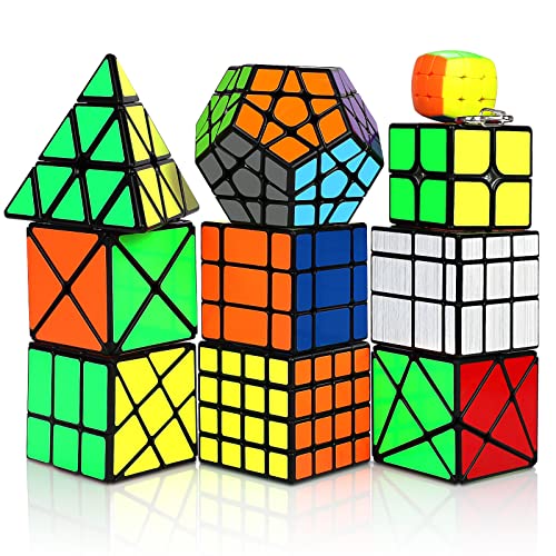 Coolzon Speec Cube Set, 10 Pack Magic Cubes Bundle 2x2 4x4 Pyraminx Megaminx Mirror Fenghuolun Axis Fisher Skewb Keychain Mini 3x3, Easy Turning 3D Puzzle Games Toy for Kids Adults