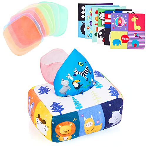 KidsPark Baby Tissue Box Toy, Montessori Sensory Toys 6-12 Months with Crinkle Tissue Papers & Colorful Scarves, Early Learning Educational Toys for Babies Toddlers, White